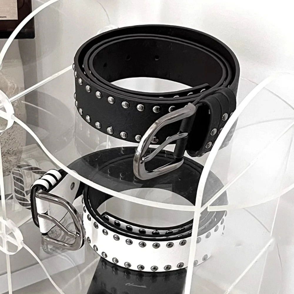 Vintage Women Rivet Belt Y2k Women Retro Hip Hop Punk Belts Luxury Belt Double Row Hole Strap Casual Jeans Female Waist Belt Men