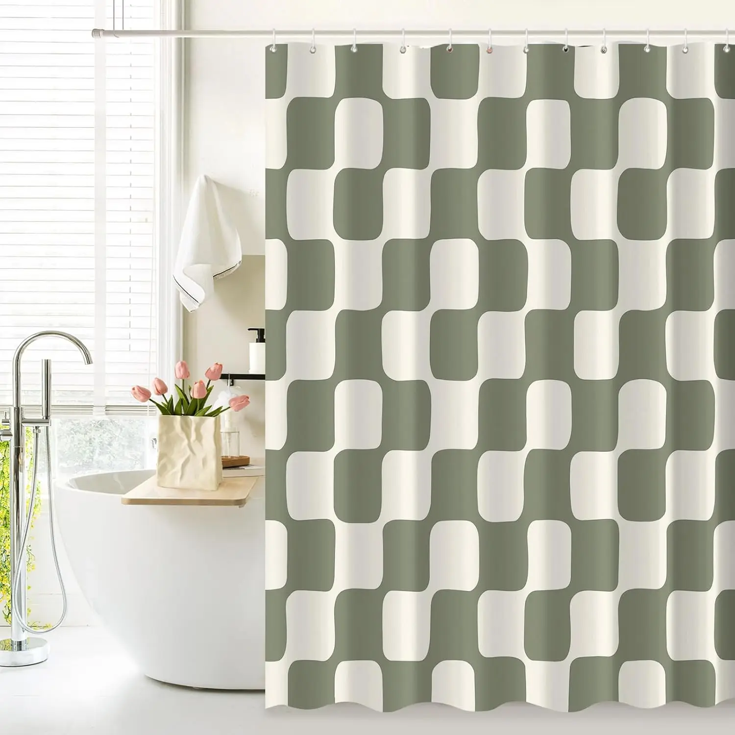 Retro Checkerboard Grid Pattern  Faux Linen Fabric Shower Curtain, Beige Sage Green Classical Groovy Wavy Checkered Shower