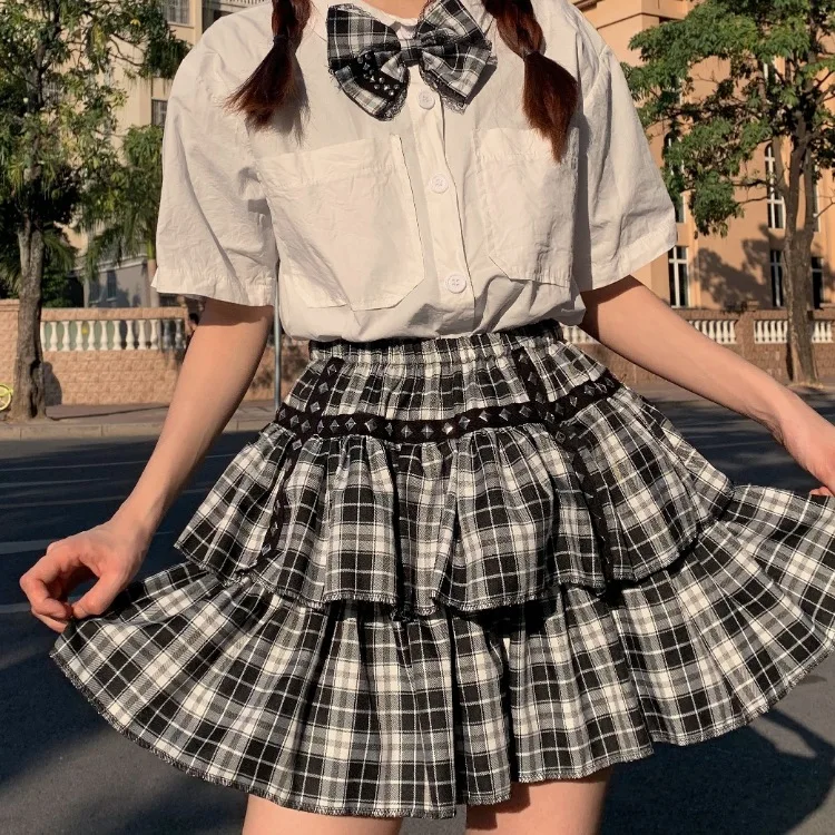 

Y2k Black White Punk Plaid Party Lolita Cake Skirts Women Gothic Fashion Japanese Mini Skirts Harajuku Aesthetic Casual Outfits