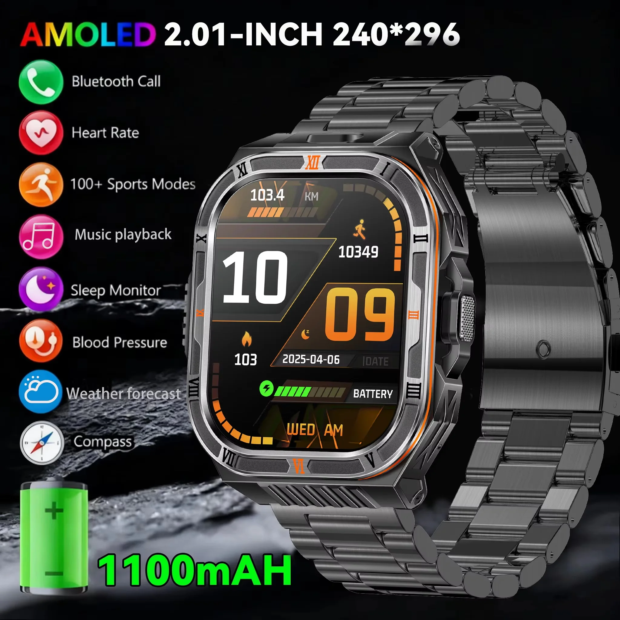 

New 1100mAh battery outdoor ultra-durable men's smartwatch flashlight heart rate Bluetooth call IP68waterproof sports smartwatch