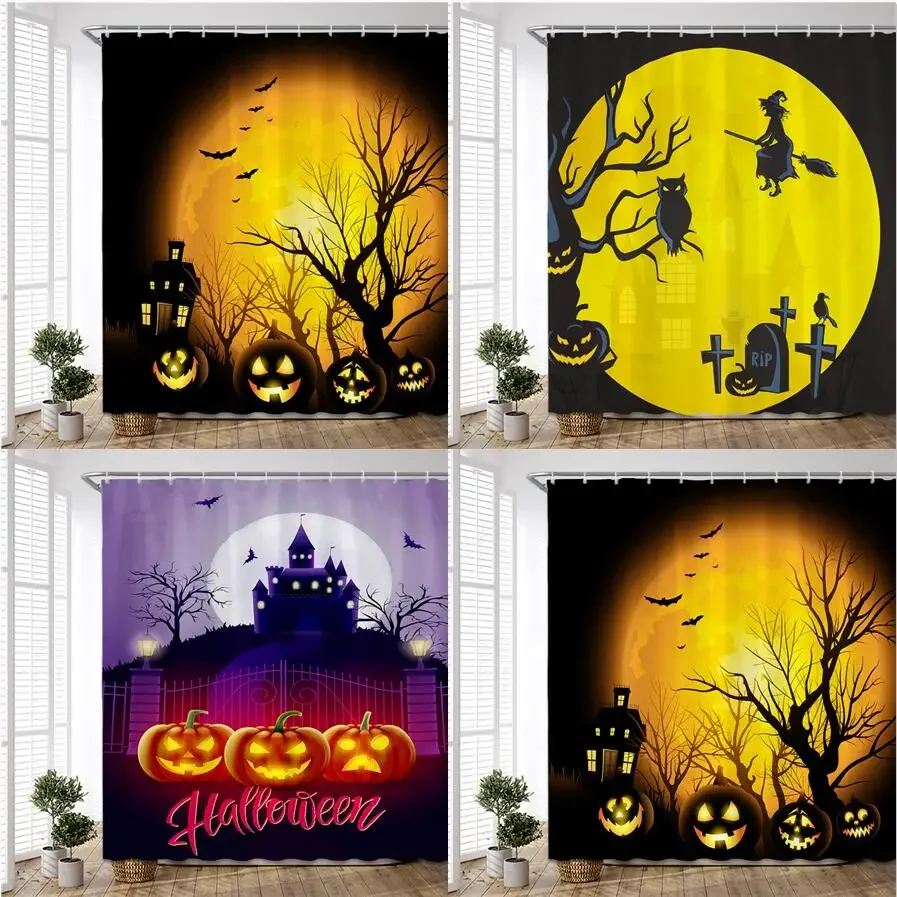 Happy Halloween Shower Curtains Fabric Cartoon Wizard Pumpkin Bat Dark Castle Polyester Bath Curtain Bathroom Accessories Set