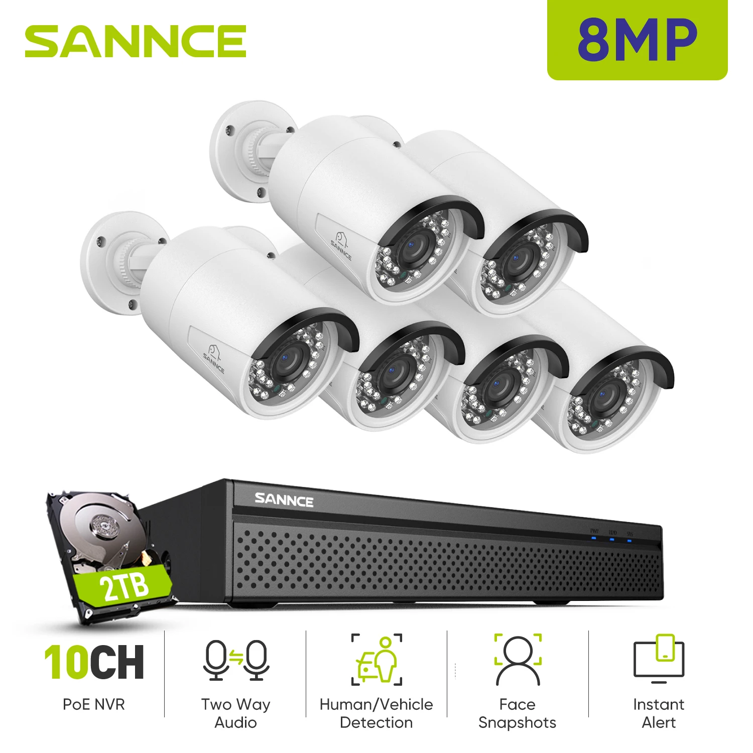 SANNCE 8MP POE Video Surveillance System NVR 4K IP Camera CCTV Security Camera Kit Audio Recording Night Vision Motion Detection