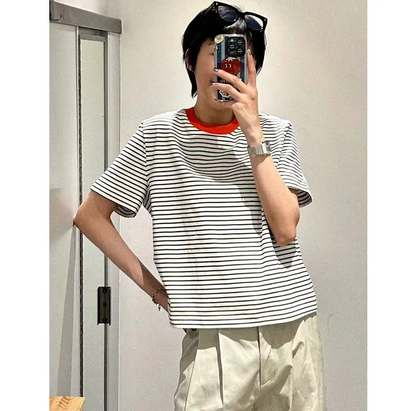 TT050   2023 summer new women's coat standard version of round neck striped short-sleeved T-shirt casual everyday