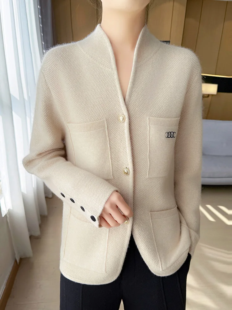 Light Luxury Office Lady 100% Merino Wool Sweater Suit Solid Thick Knitted Cardigan Long Sleeve Female Cashmere Clothing Tops