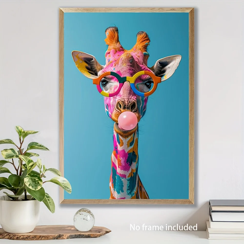 1pc Fun Animal, Colorful Giraffe Eating Bubble Gum, Canvas Painting, Oil Painting Poster, Wall Art Decoration No Frame