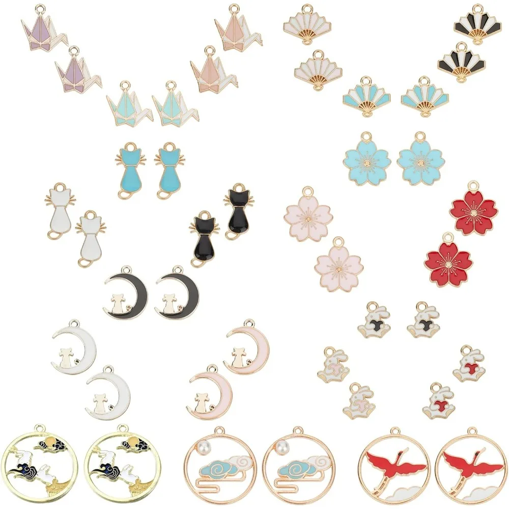 1 Box 42Pcs 21 Styles Assorted Colorful Enamel Alloy Pendant Charms Golden Plated Fan Sakura Flower Cat Flat Round Japanese