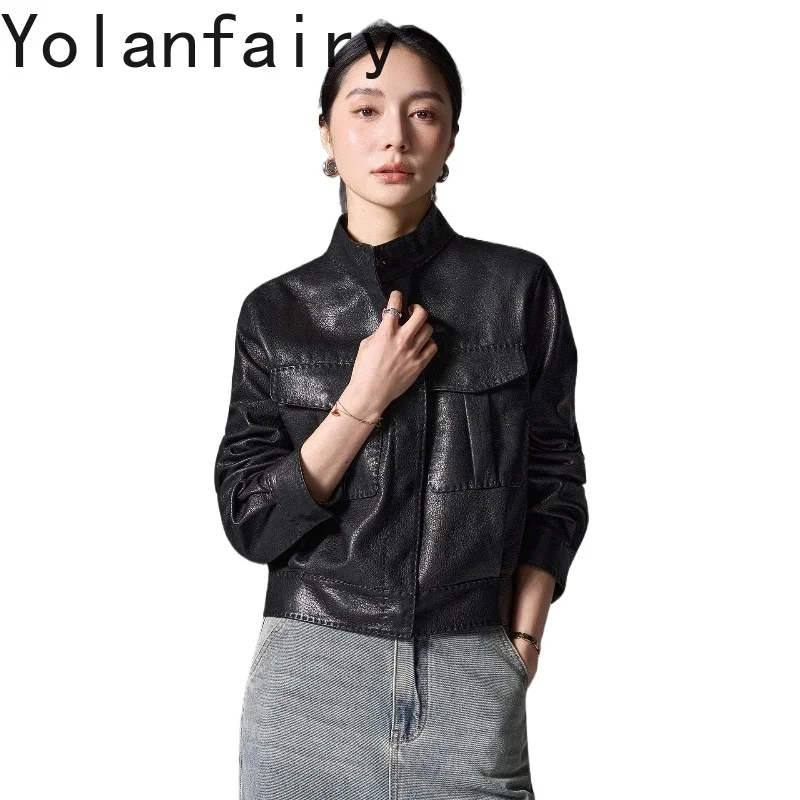 YOLANFAIRY High-end Real Goatskin Woman Leather Coats Stand Collar Fashion 100% Genuine Leather Jacket Women Short Black Coat