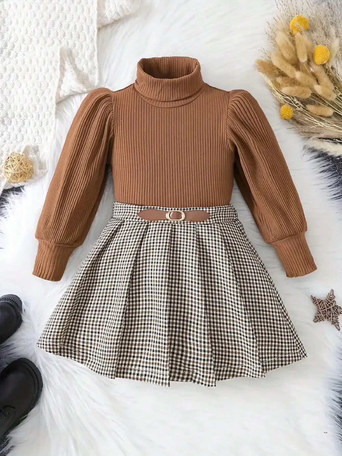 2026 Women's Girls Long Sleeve Knitted Lantern Sleeve Roundneck Hoodie And Thousand Bird Grid Half Skirt 2-Piece Set