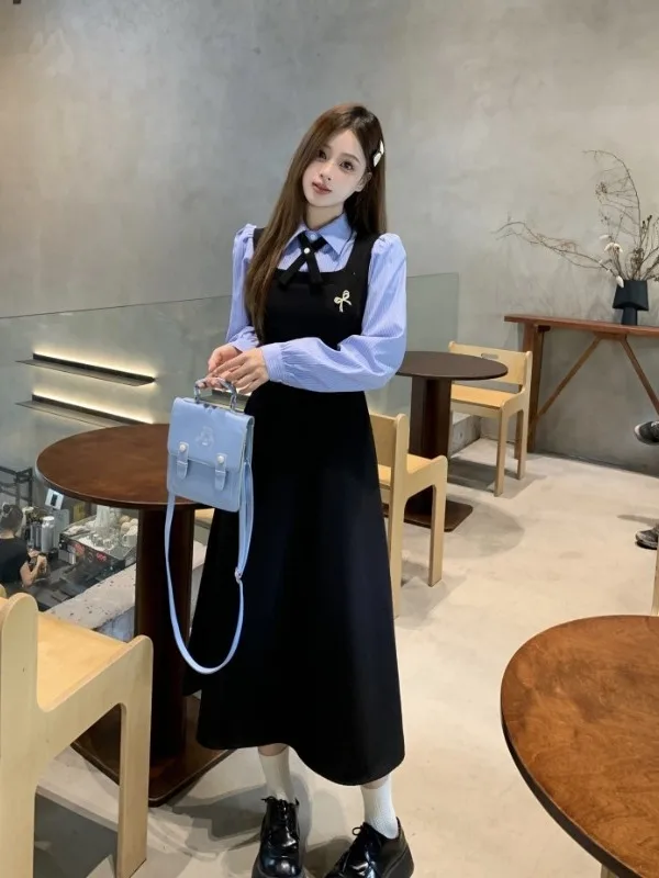 

Новое осеннее женское платье больших размеров А-силуэта с высокой талией, стройнящее, с длинными рукавами, в корейском стиле, для повседневной носки