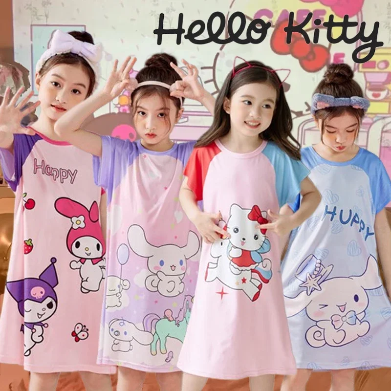 Sanrio-vestido de Hello Kitty para niñas, camisón de dibujos animados de Anime, pijamas de verano, ropa de dormir de manga corta, ropa de casa para