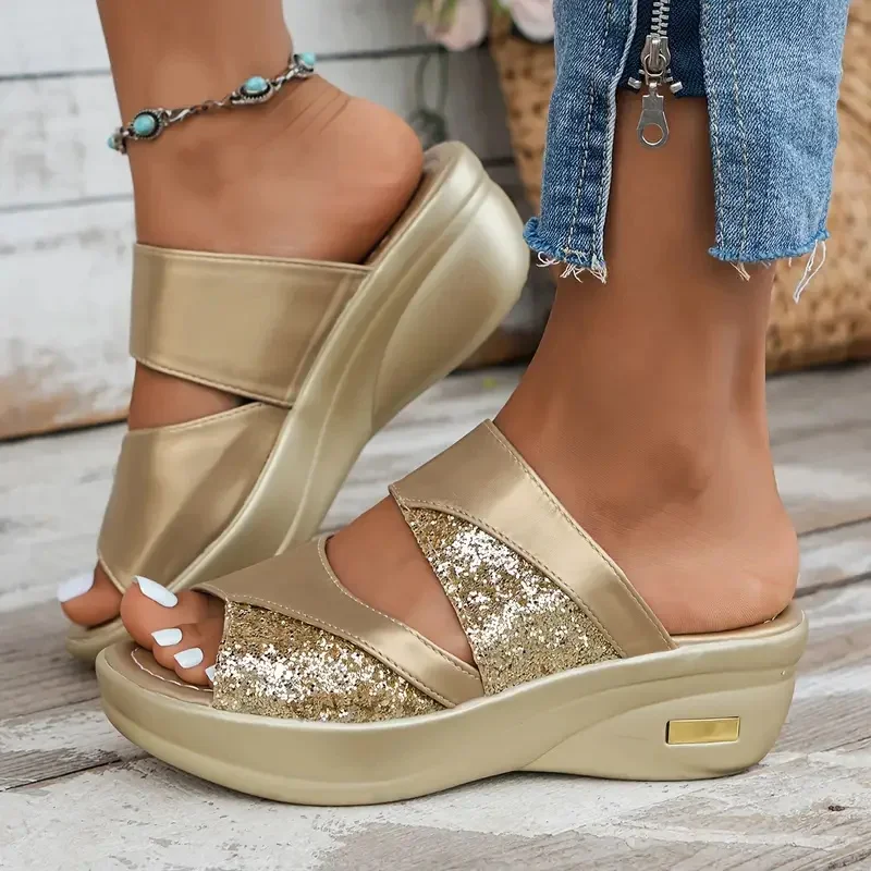 2024 New Women Slippers Casual Sling Backs Wedge Sandals Glitter Platform Comfortable Slippers Slides Women Zapatos De Mujer