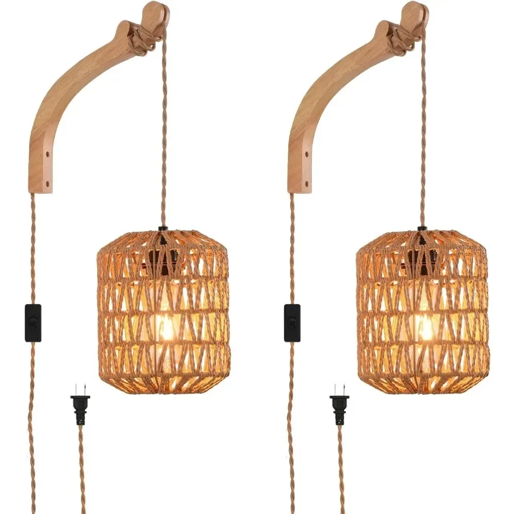 JOYINLED Rattan Wall Lamp with Plug in Cord Hand Woven Plug Indoor Wall Light Fixture for Stairway Corridor Bedroom Living Room