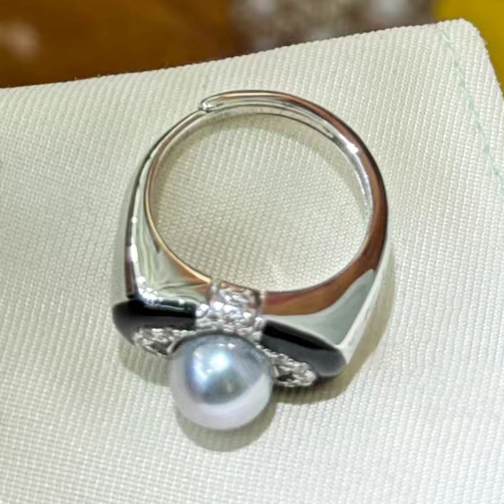 Niche Vintage Real Pearl Ring with 8-8.5mm Silver Blue Natural Seawater Akoya Pearl Heavily Crafted Good Texture Thick Silver