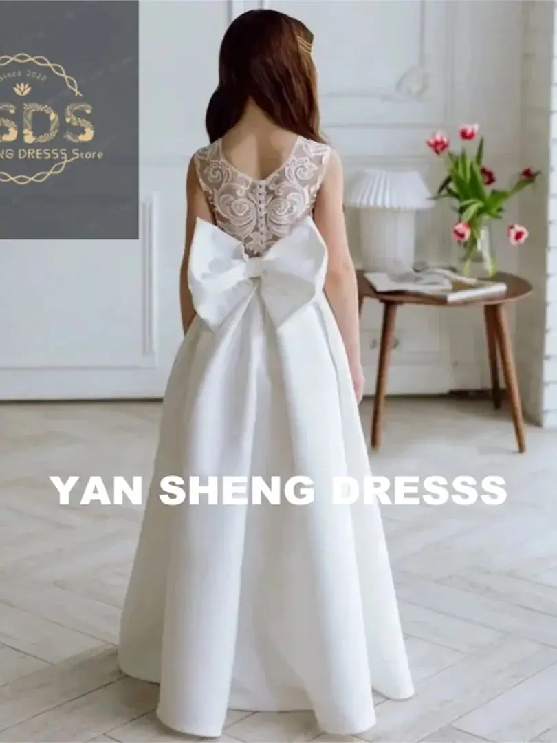Customized Flower Girl Dresses White Satin Flory Appliques  For Wedding Birthday Party With Bow SleevelessBanquet Holy Communion