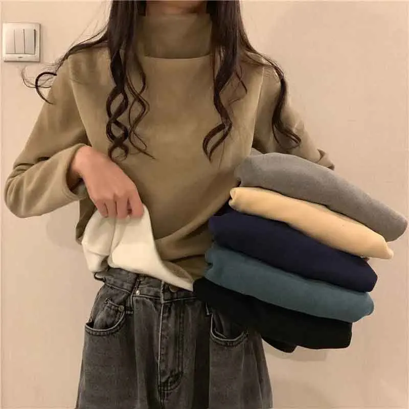 

Autumn Women Mock Neck Sweater Winter Thick Warm Simple Basic Casual Base Pullover Solid Korean Plush Brushed Bottom Jumpers