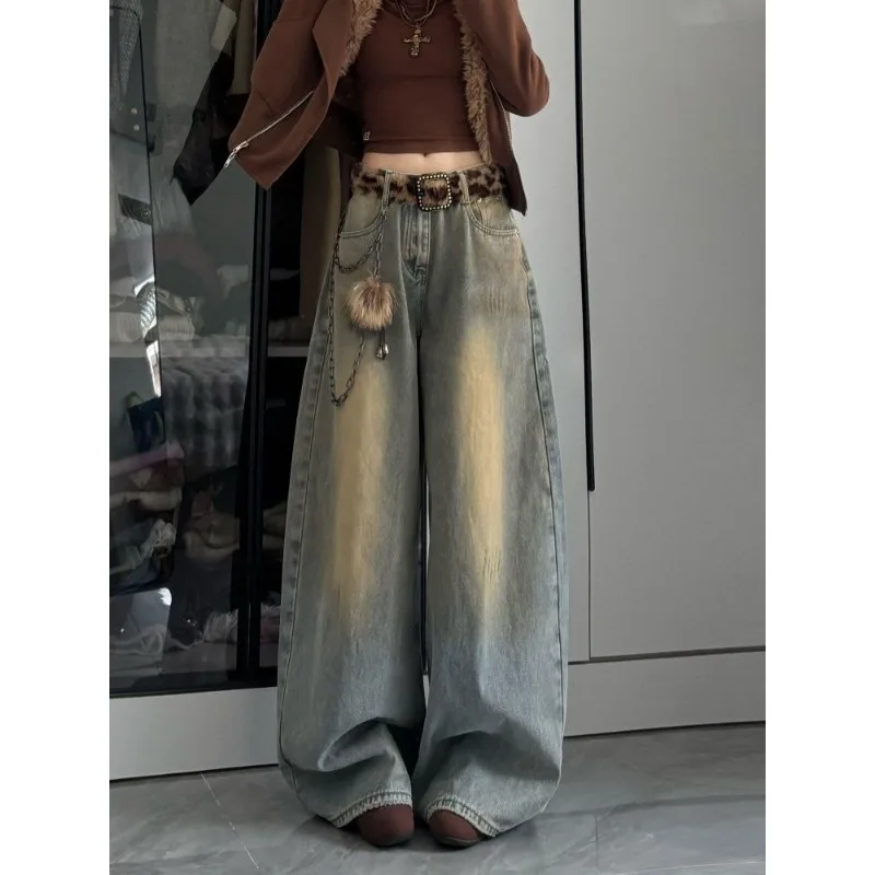 Vintage Washed Distressed Wide Leg Jeans Women High Waist Loose Draped Floor Length Denim Pants Ins Style
