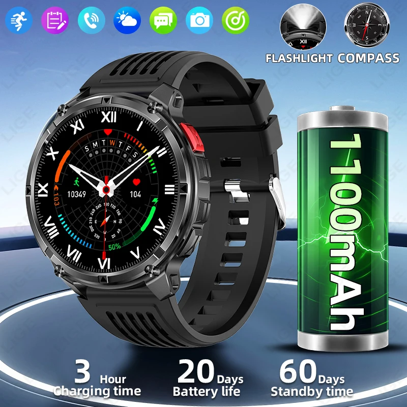 

LIGE 2025 спортивный фитнес-трекер 1100 мАч аккумулятор умные часы монитор сердечного ритма мужской компас фонарик Bluetooth умные часы с вызовом