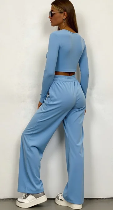 

Solid Casual 2 Piece Pant Set Long Sleeves Crop Top Wide Leg Pant Matching Set Streetwear Fall Crewneck Tracksuit Casual Outfits