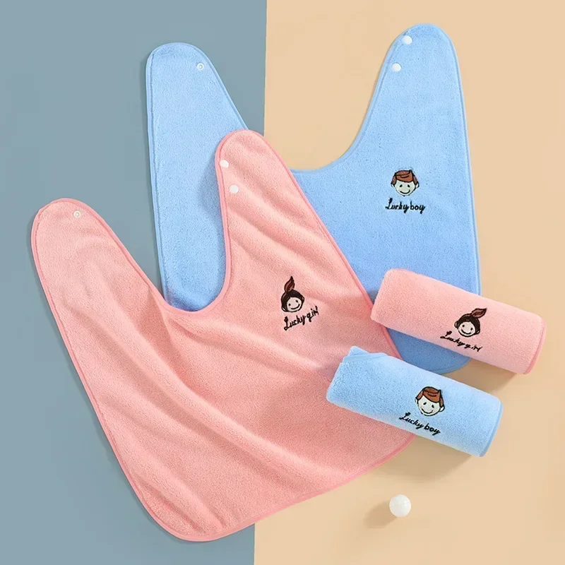 Cepillo de dientes de leche de 360 grados para bebé, babero rosa y azul, toalla de lavado de lana Coral, paños multifuncionales para comer y eructar, babero para lavar la cara y los dientes