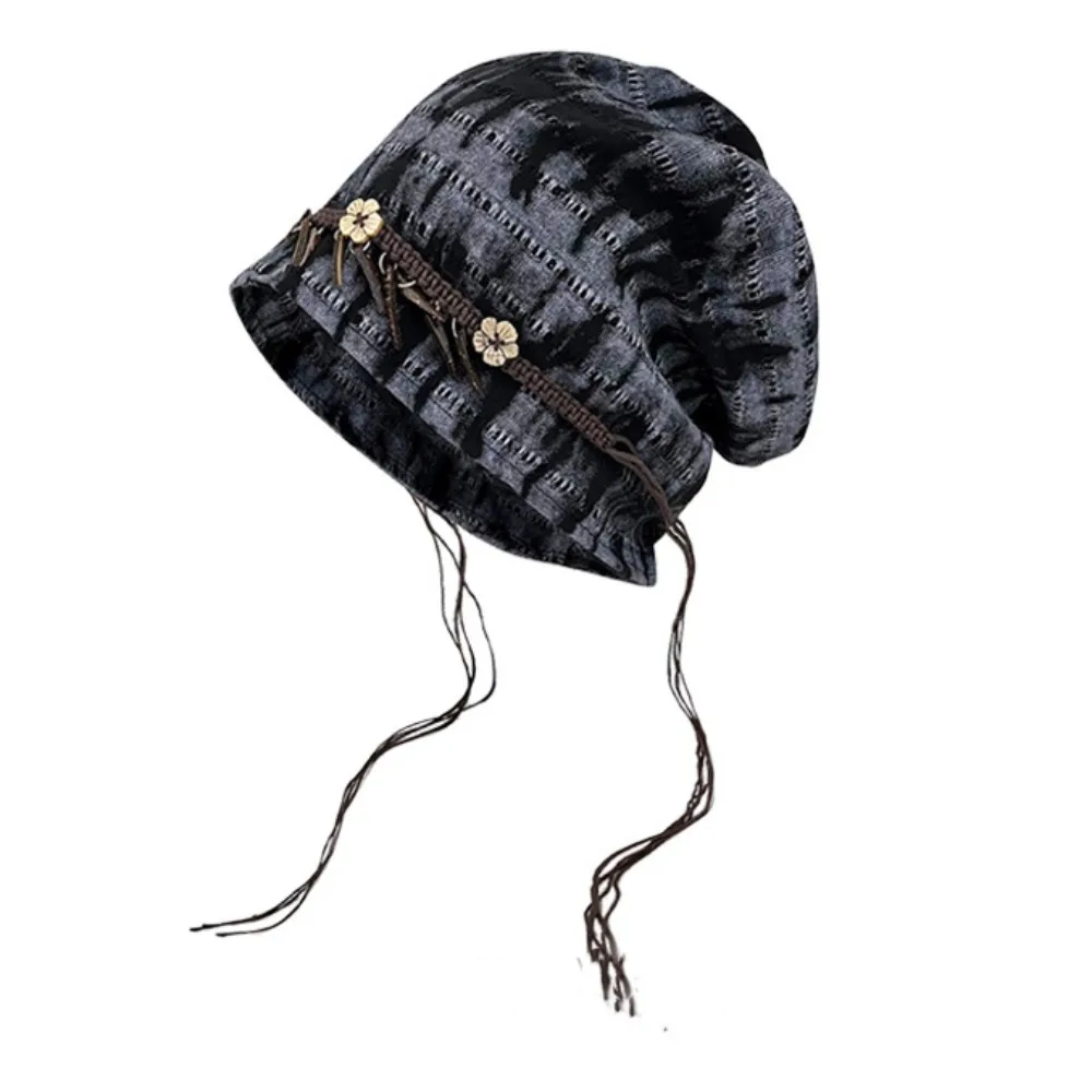 Elegant Retro Ethnic Stye Beanie Wood Decoration Tassel Slouchy Skull Cap Y2K Patterned Windproof Head Wrap Outdoor Commuting