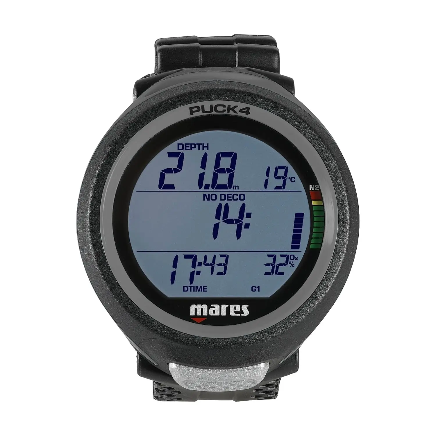 Computadora de buceo de muñeca Puck 4 |   Computadora de buceo subacuática con control de un botón estilo reloj de nivel básico, negro/negro