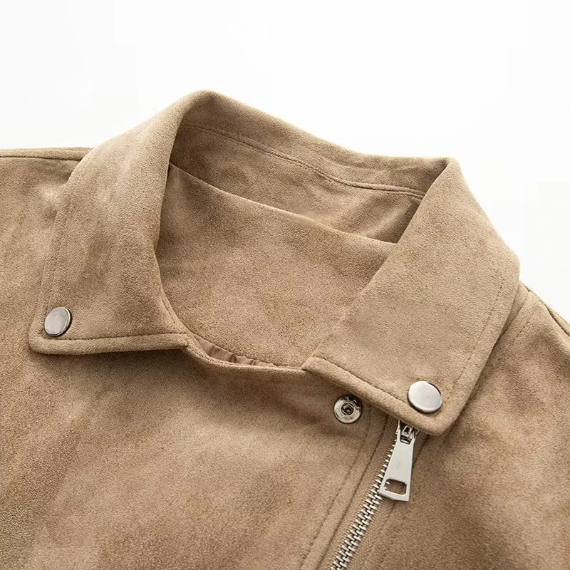 KEYANKETIAN Autumn and winter new women's clothing lapel metal buckle decoration diagonal zipper suede motorcycle jacket women