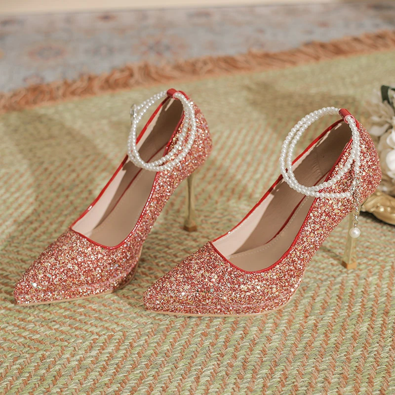 Rhinestone Platform Sequin Woman Shoes Bling Summer Ladies Wedding Shoes Solid Color High Heels Pearl Strap Buckle Women's Pumps