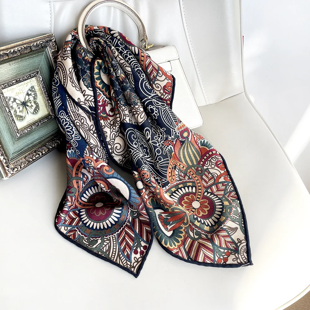 

Ethnic 70% Wool 30% Real Silk Scarf for Women Vintage Totem Print Square Scarf Silk Wool Winter Accessories Neck Warmer