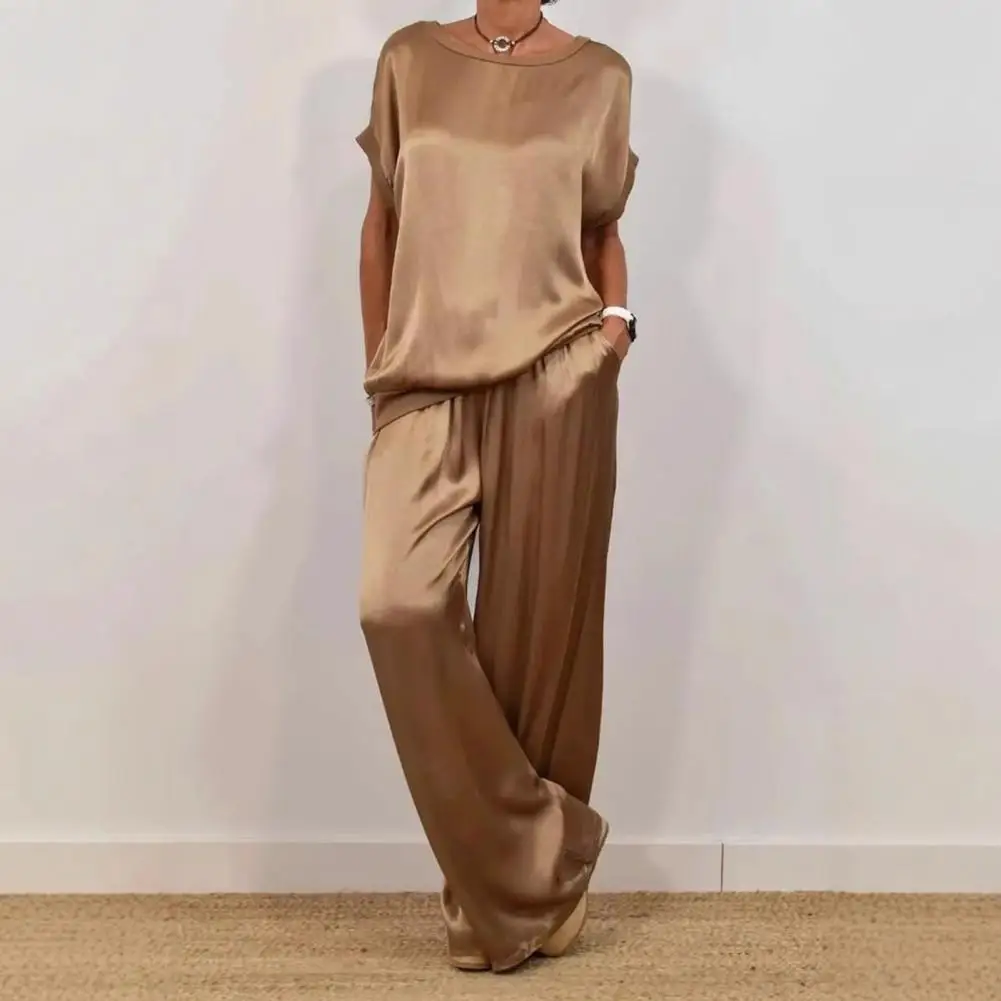 

Women Top Pants Set Elegant Satin Women's Top Pants Set with Wide Leg Trousers Round Neck Blouse Elastic Waist Daily Leisure