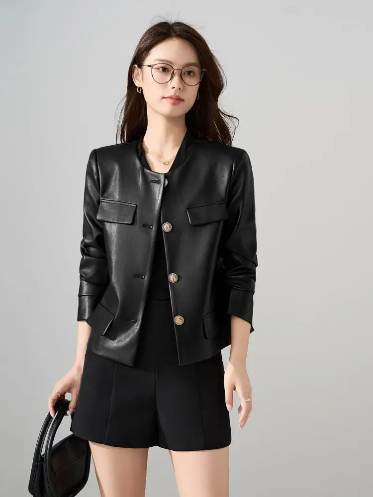 

Korean Fashion Women Black Round Neck Elegant Vacation Leather Coat Autumn Winter New Red Single Button Long Sleeve Short Jacket