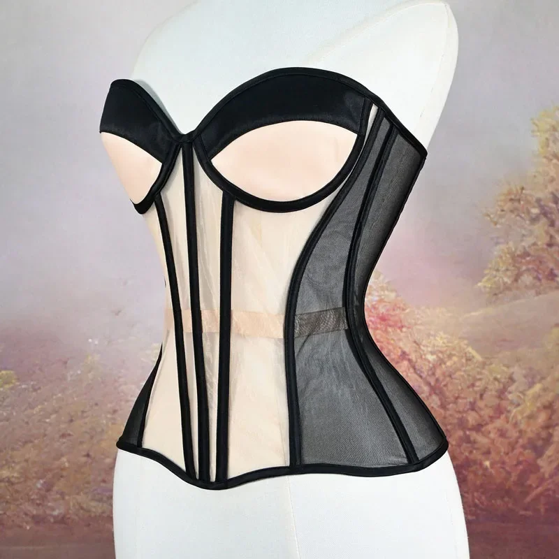 Women Mesh Corset Bustier With Cups Sexy Overbust Transparent Lace Up Steel Bone Bodice Body Shaper Shaping Tops Wedding Party