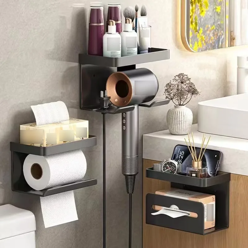 Wall-mounted Single and Double Toilet Paper Holder, Hairdryer Holder Hole-free Mobile Phone Organiser Item Organiser Bathroom