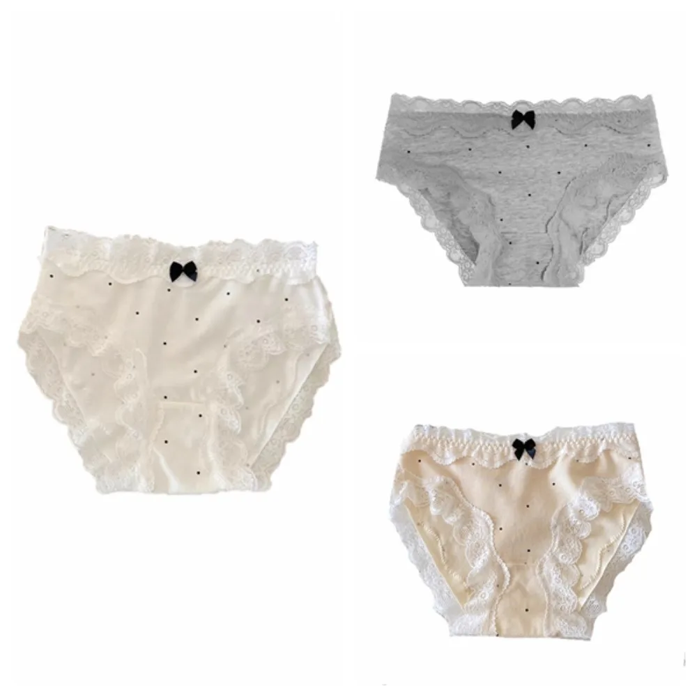 

3Pcs Lingerie Dot Lace Bowknot Panties Sweet Cotton Crotch Seamless Briefs Underpants Mid Waist Underwear for Women Gifts