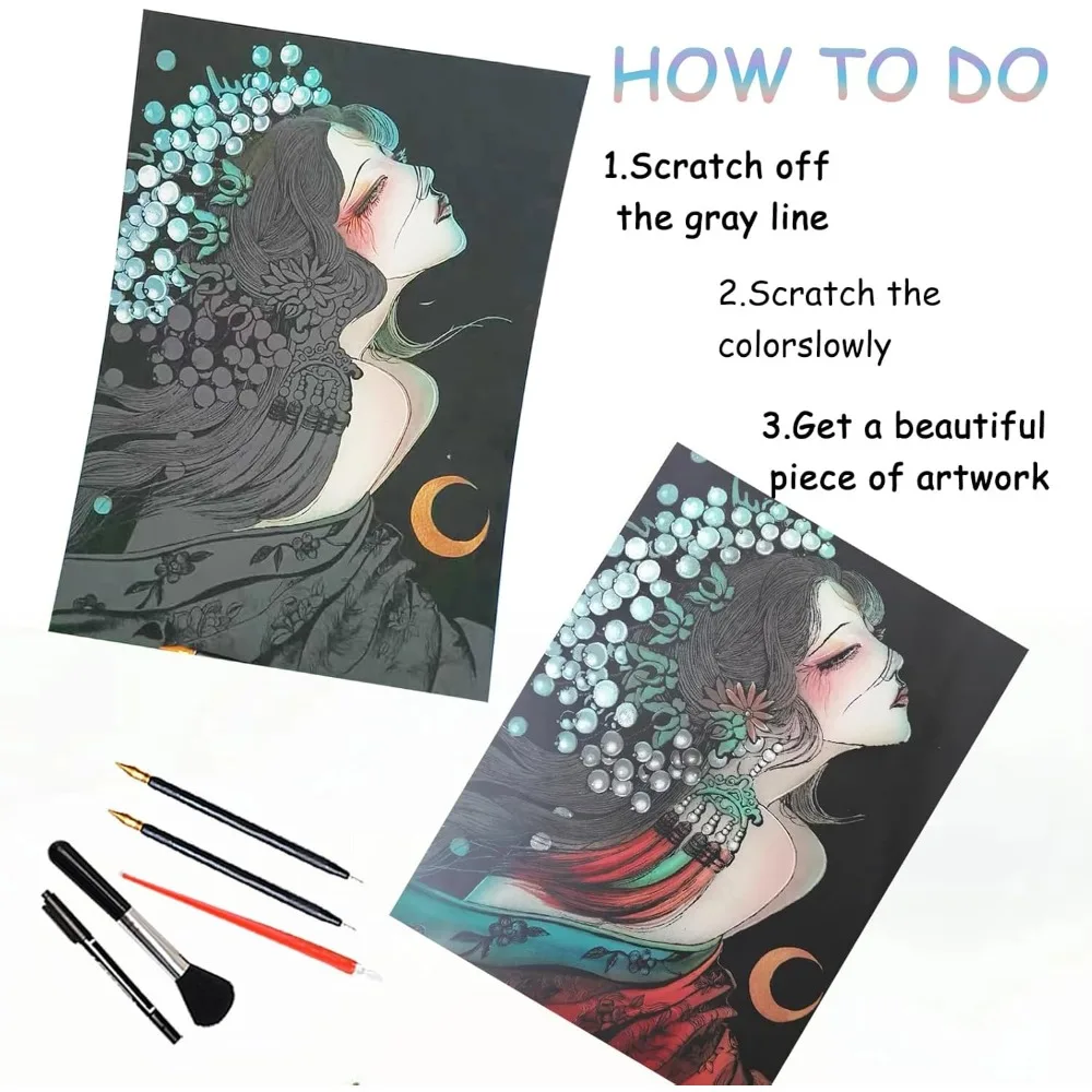 Adult scratch art, 16x11 inches, 4 sheets, rainbow scratch paper and 5 scratch tools