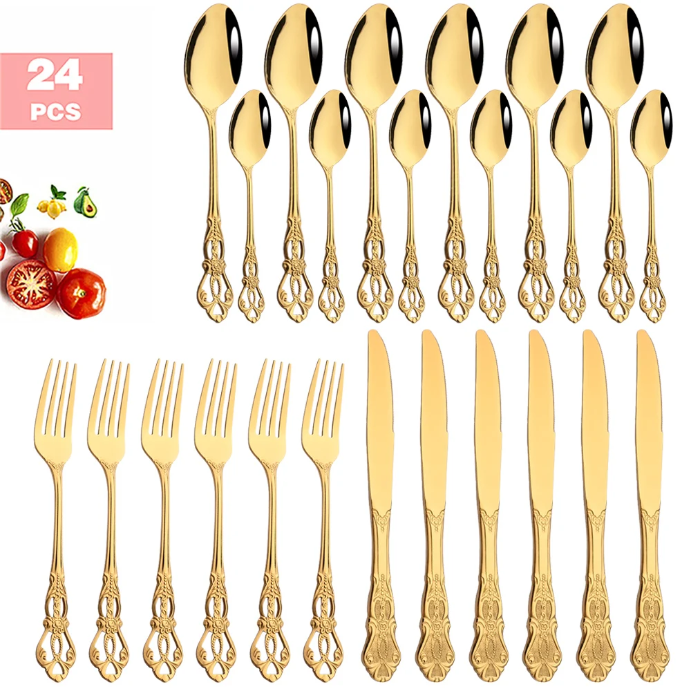 

24pcs 16pcs Dinnerware Set Gold Cutlery Fork 304 Stainless Steel Spoon Royal Cutlery Forks Knives Spoons Kitchen Spoon Tableware