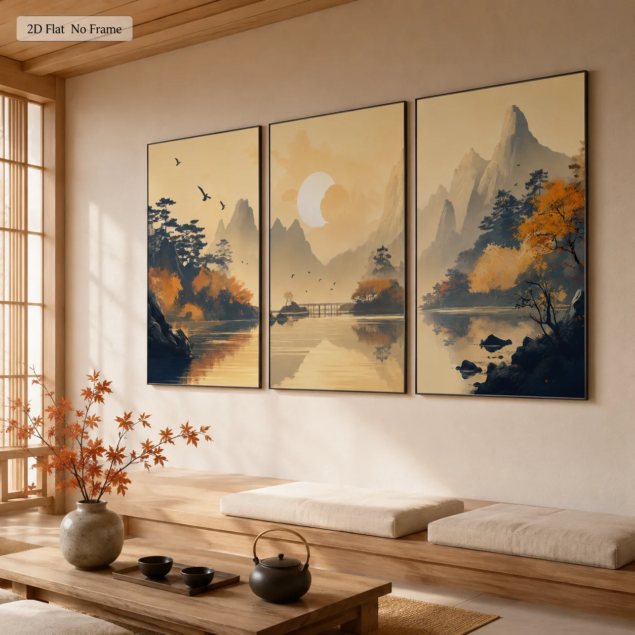 3PCS Autumn Landscape Sunset Lake Poster  Retro Pine Maple Flying Birds Wall Art  Canvas Painting for Room Decor Autumn Gifts