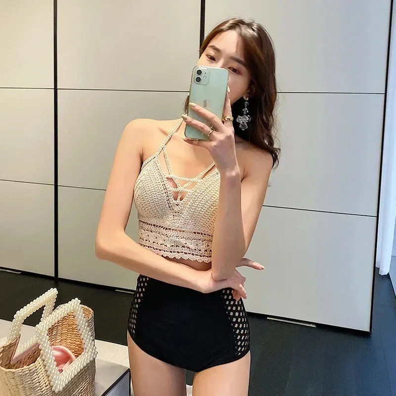 

2024 New Design Korean Sexy Backless Shirt Plus Pant Grid Triangular Body Cover Belly Slimming Resort Hot Spring Swimsuit Women