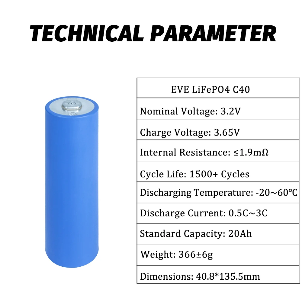 EVE Lifepo4 C40 3.2V 20Ah Rechargeable Batteries Clindrical Original A Grade Cell For DIY Power Bank Solar System Car Audio