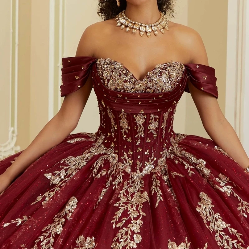 Burgundy Shiny Princess Quinceanera Dresses Off Shoulder Gold Applique Lace Beads Tull Floral Sweet 16 Dress vestidos de 15