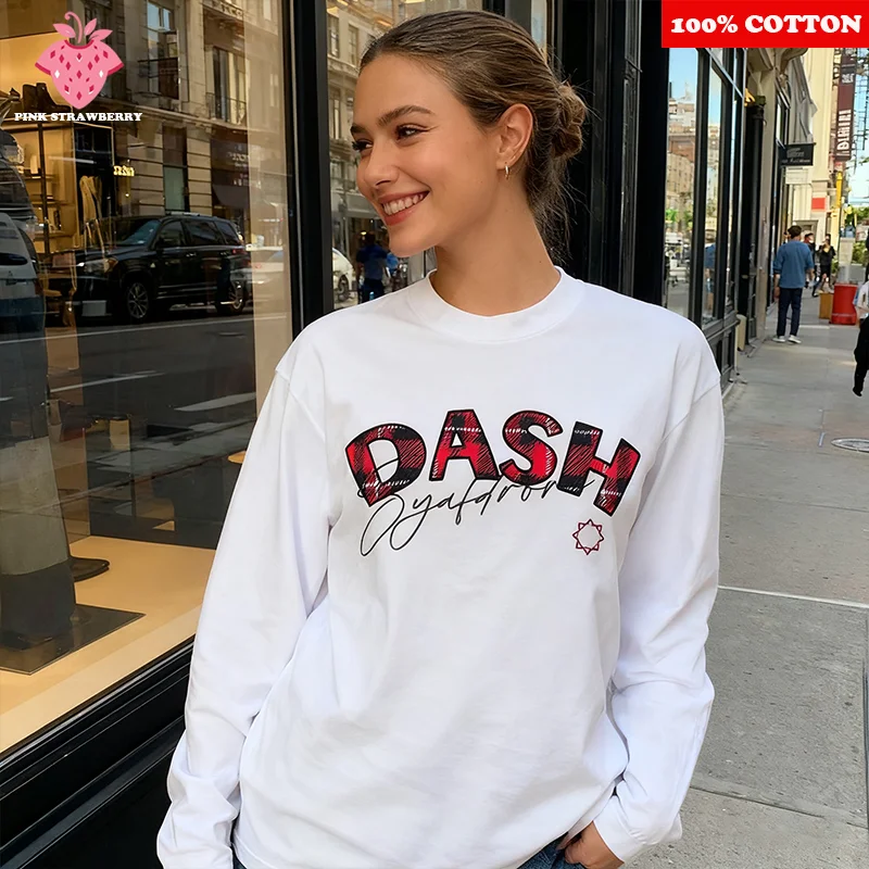 

American Letter Print T-shirt Women 2025 Autumn New 100%Cotton Oversize White Long Sleeves T-shirt Loose Y2k Top Ladies clothing