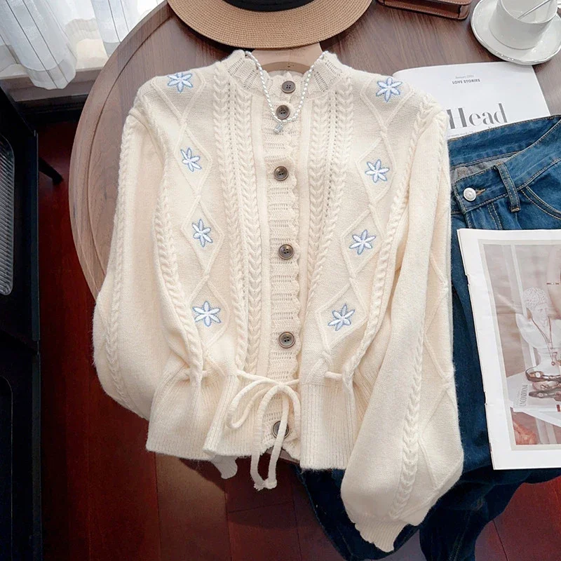 Sweet Stand Collar Cardigan Fall Winter Women Elegant Flower Embroidery Knitted Sweater Hollow Out Lace Up Female White Coat Top