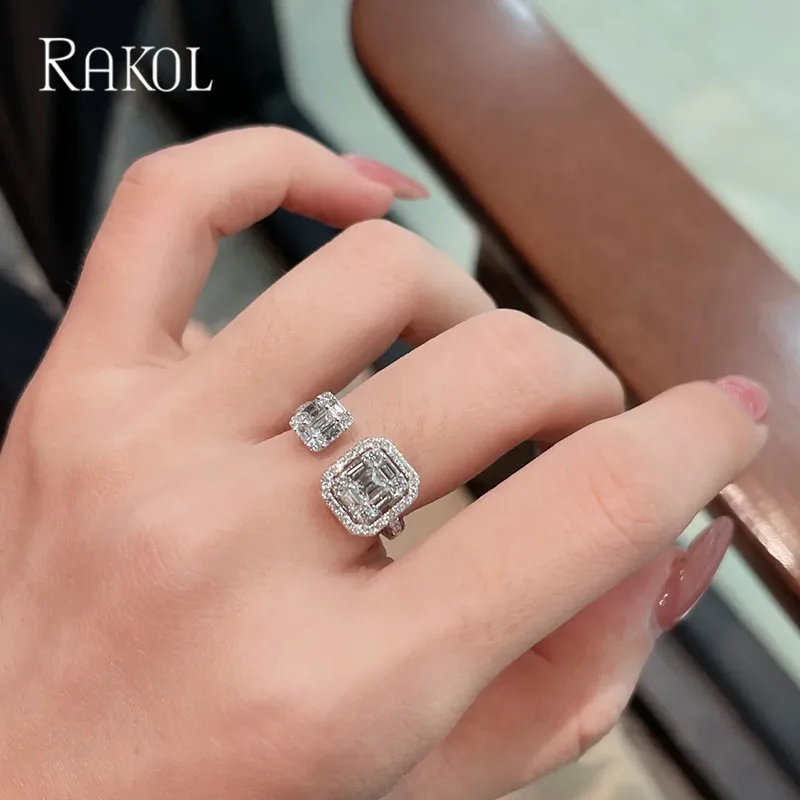 RAKOL Fashion Rhinestone Zircon Square Open Ring for Women Temperament Index Finger Adjustable Rings Wedding Party Accessories