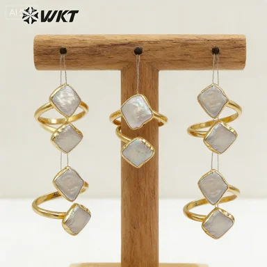 WT-R325 WKT New Gold Ring Elegant for Party Geometric Elements Style Double Adjustable Women's Pearl Ring Jewelry