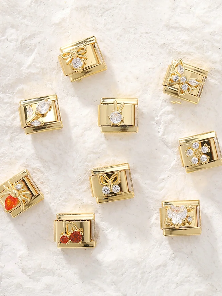 Couleur or croix coeur arc papillon cerise Zircon perles italien charme liens ajustement 9mm Bracelet en acier inoxydable femmes bricolage fabrication