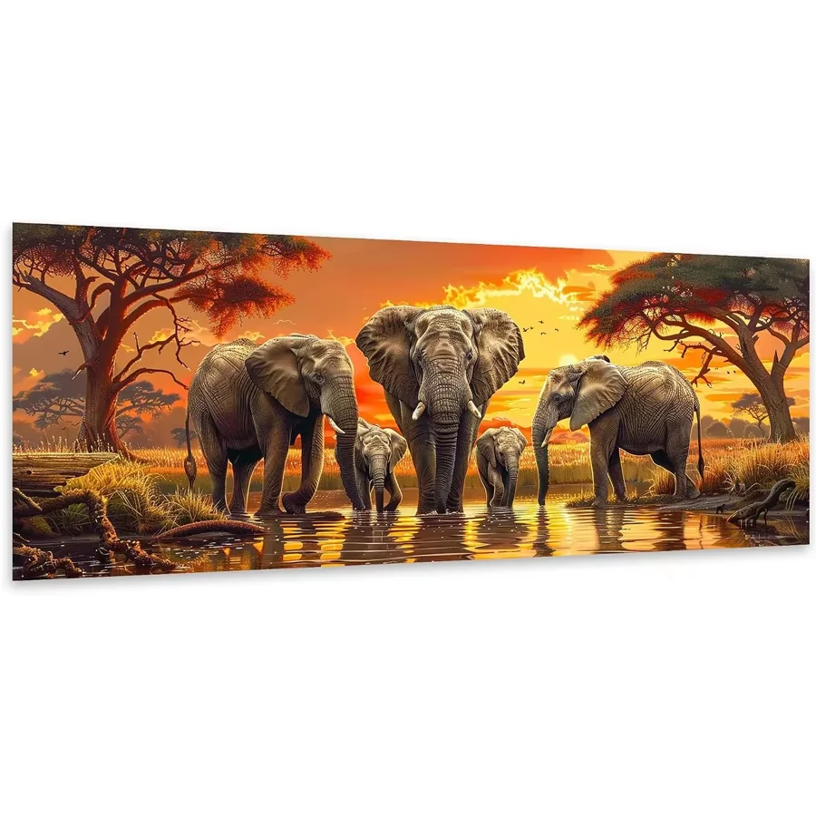 DIY Diamond Painting Sunset Nature Grassland Landscape Full Drill Diamond Mosaic Big Trees 5D Elephant Family Diamond Embroidery