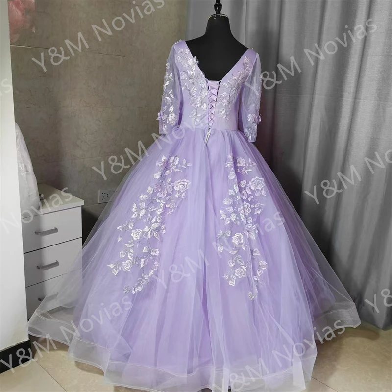 Vestido de quinceañera púrpura personalizado, vestido de fiesta de flores dulces, vestido de baile de encaje de lujo, Media manga, Vestidos bohemios para niñas