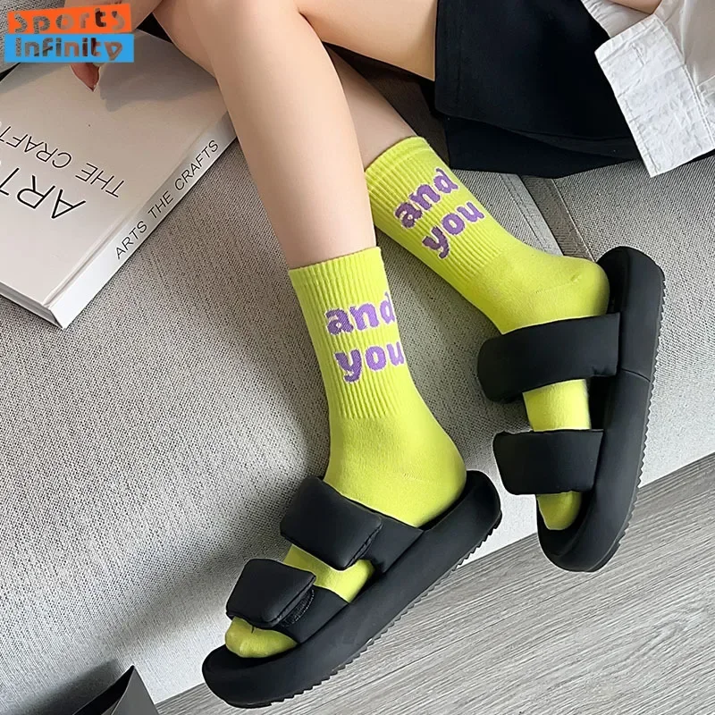 Smiling Face Letter Printed Socks Women Spring and Autumn Korean Street Style Skateboard Socks Ins Trendy Versatile Sports Socks