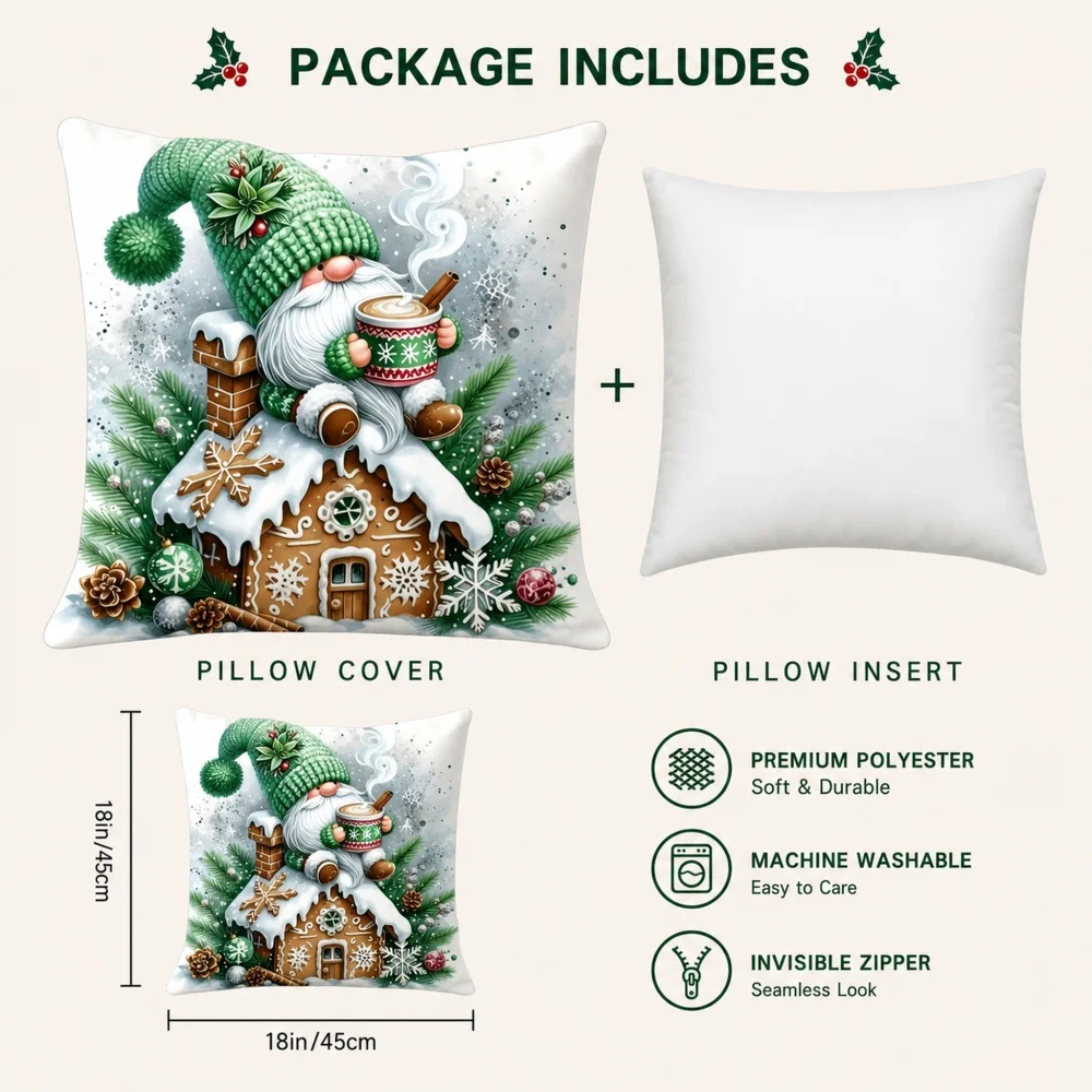 Winter Christmas Hat Santa Gingerbread House Pattern Pillow Cover/Pillow Core 45X45cm Christmas Guest Bedroom Headboard Matching