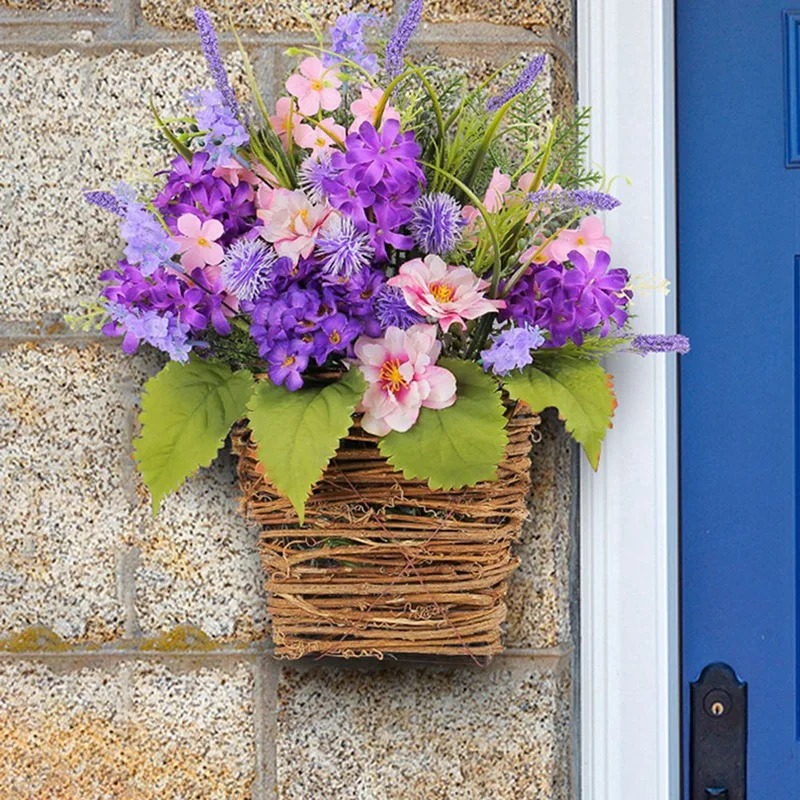 Hydrangea Door Hanger Basket Wreath, Wildflowers Door Hanging Basket Wreath, Front Door Beautiful Artificial Durable Pink