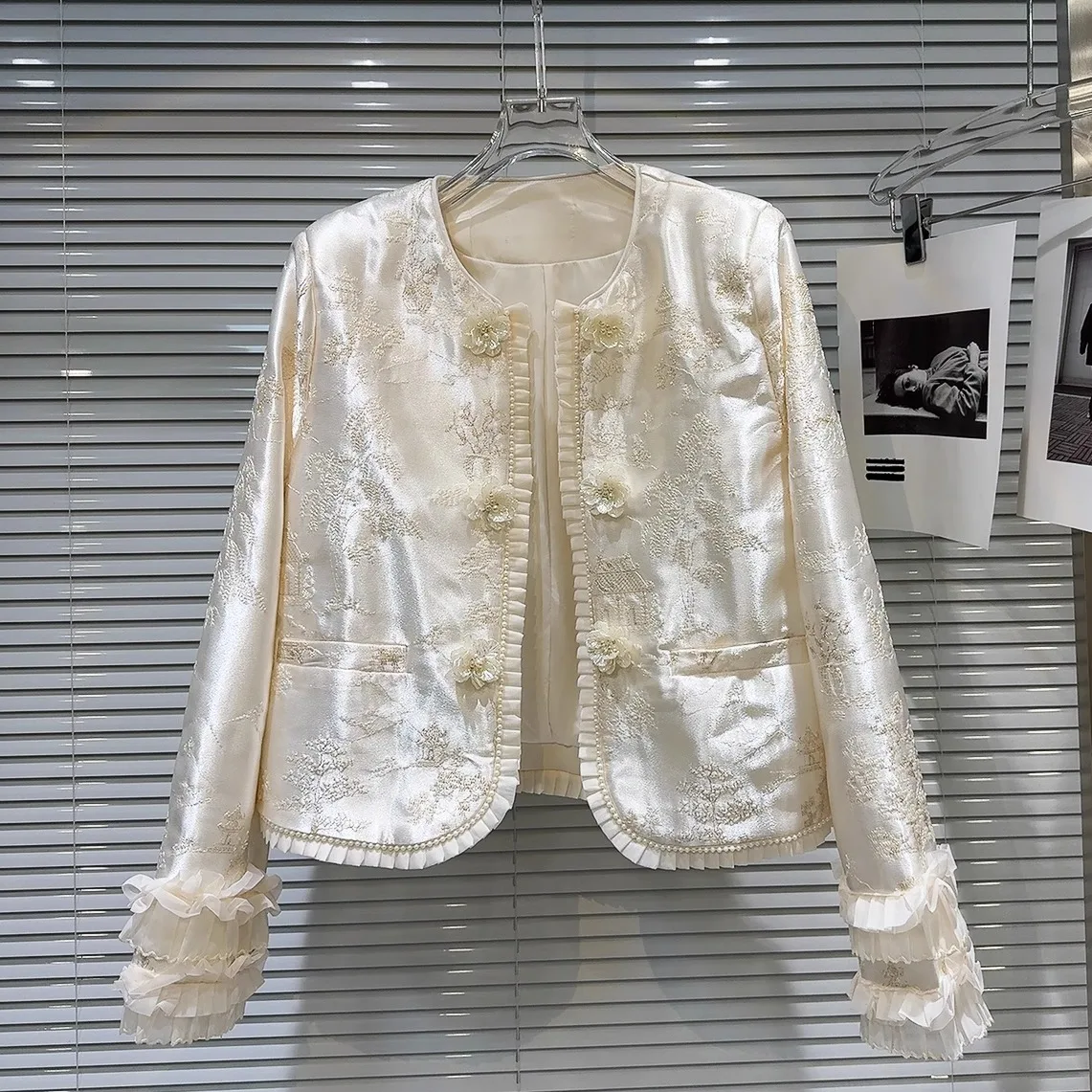 

Женский топ Retro Flutton с жемчужной кружевной отделкой и вышивкой из атласа или Jaet, модный весенний топ 2021, длинный свет прямого кроя